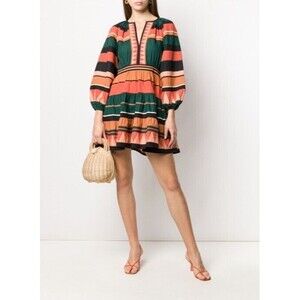 Ulla Johnson Dress Womens Sz S Kayla Green Orange Black Stripe Longer than Pics
